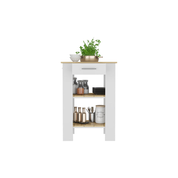 Mesa De Cocina Cala, Blanco y Macadamia, con amplios entrepaños para colocar objetos de cocina