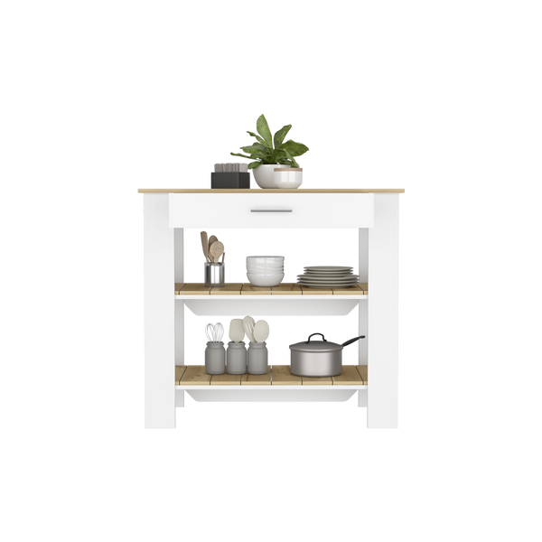 Mesa De Cocina Ccala, Blanco y Macadamia, con entrepaños para colocar objetos de cocina